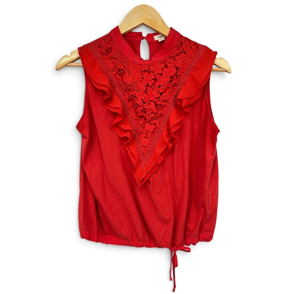 TINY Anthropologie Red Lace Ruffle Bib Sleeveless Top High Neck Drawstring Hem